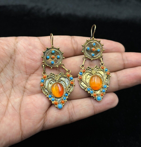 Vintage Brass Gold Gilded Earring With Natural Carnelian Turquoise & Coral Stone - Picture 2 of 6