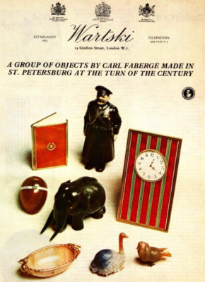 1975 WARTSKI JEWELRY PRINT AD, OBJECTS BY CARL FABERGE, ELEPHANT, EGG,  PRINT AD