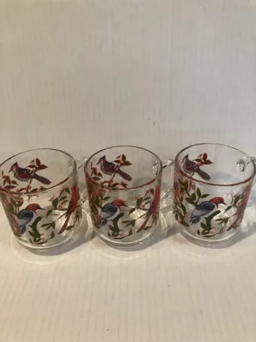 Vtg Arcoroc France Glass Mugs With Colorful Bird Designs, Set Of 3