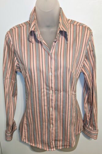 The Limited: Pink, Silver-Grey Striped Button-up Stretch Shirt Blouse, Size M