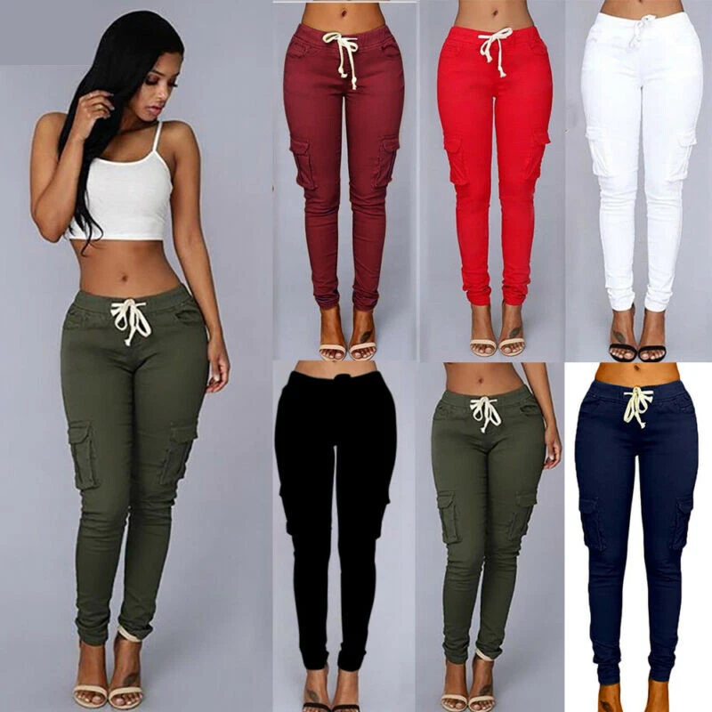 Women Skinny Cargo Pants High Waist Jogger Trousers Pockets Sweatpants CN  S-4XL