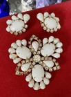 Vintage JULIANA White Milk Glass Clear Rhinestone Large Brooch Clip Earrings Set