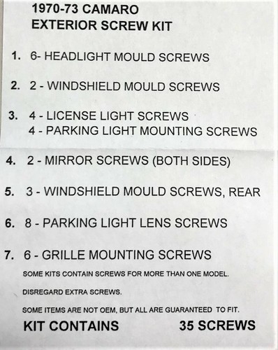 1970 1973 CAMARO EXTERIOR SCREWS SET 35 PCS. NEW # 04A - Bild 2 von 2