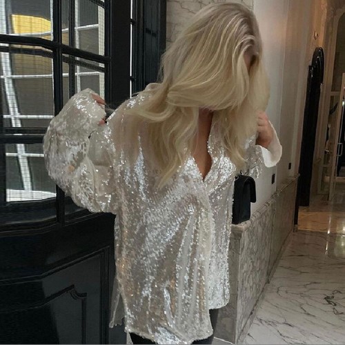 Womens Nightclub Sexy Sequined Shirt Loose Long Sleeve Club Party Button Tops