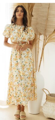 yellow floral cut out dress Yellow Floral Cutout Maxi Dress With Belt
