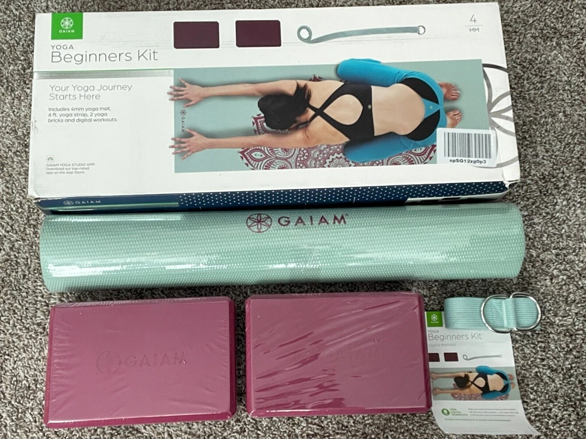 GAIAM BEGINNERS YOGA KIT 4mm EXCERISE MAT 6' STRAP BRICKS LAGOON PILATES