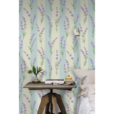Watercolor lavender flowers  purple green and yellow wall mural wallpaper