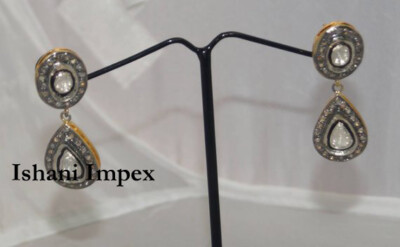 Handmade Natural Diamond & Diamond Polki 925 Sterling Silver Earrings