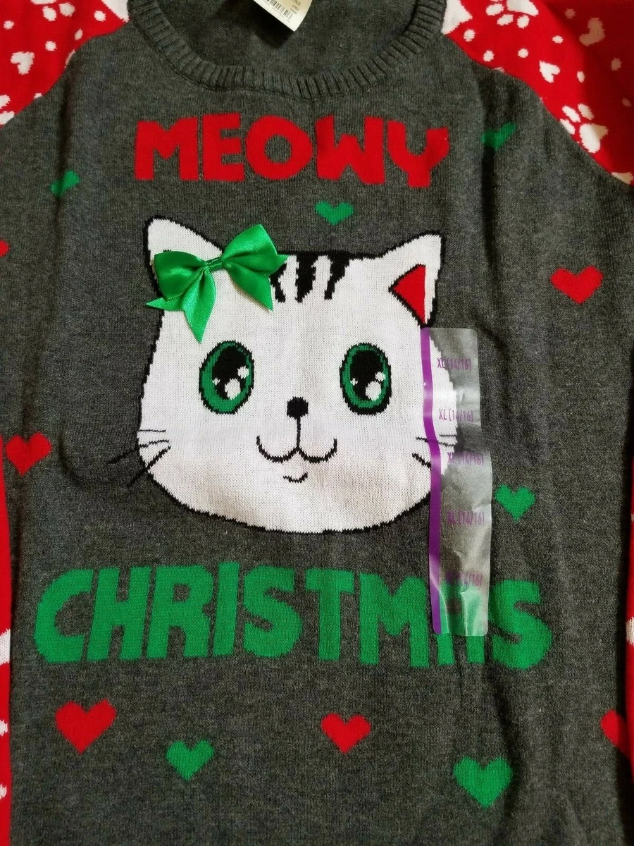 Well Worn Holiday Sweater Girls Meow Christmas Cat Kitty Ugly Sweater 14 16 XL