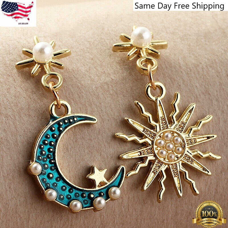 925 Silver Plated Sun Moon Star Dangle Drop Earrings Women