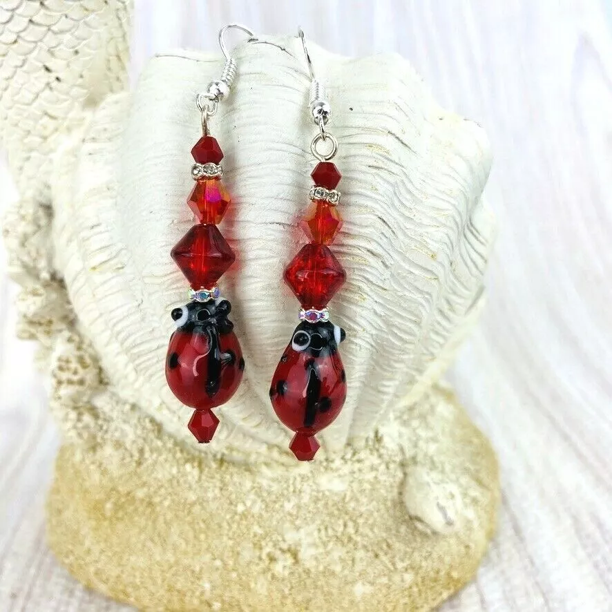 Red Black Lady Bug Dangle Swarovski Crystal Earrings Silver Tone