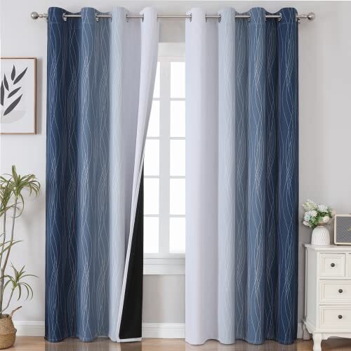 Blackout Curtains for Bedroom 52W x 84L/2 Panels Navy Blue and Greyish White - Picture 2 of 7