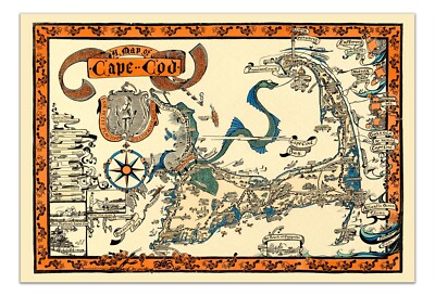 Vintage Cape Cod Pictorial Map Poster – Historic Massachusetts Nautical ...