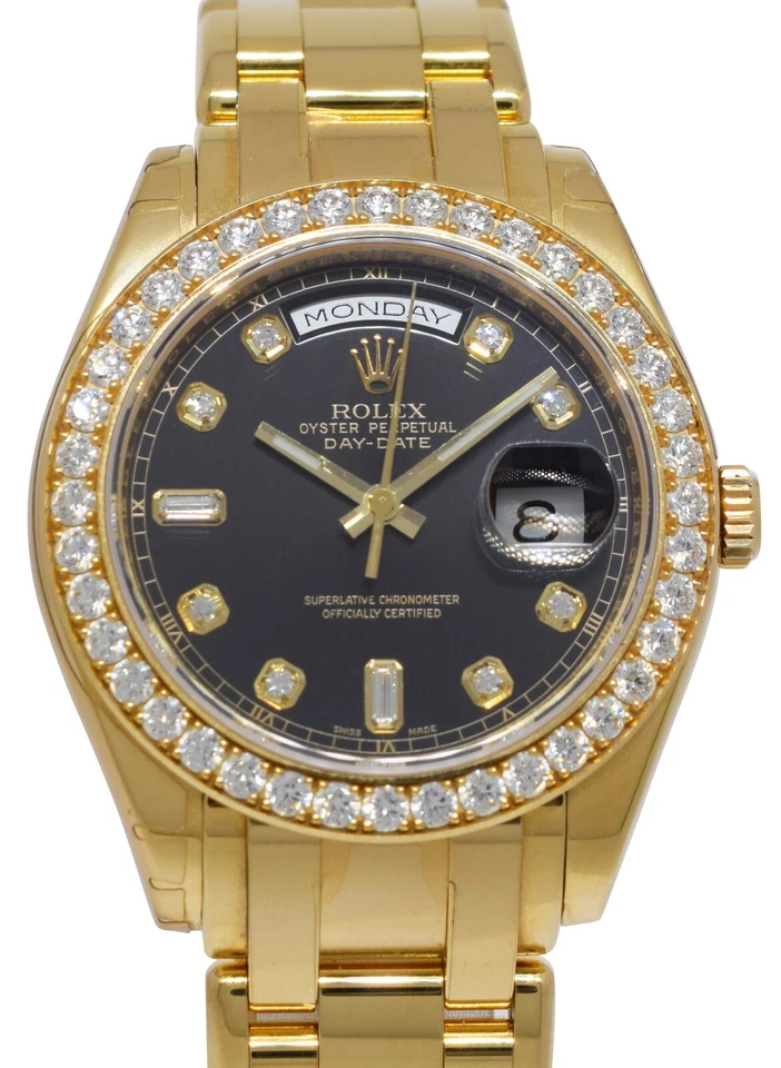 Relógio Rolex Masterpiece ouro amarelo 18k mostrador/bezel diamante preto 39 mm 18948