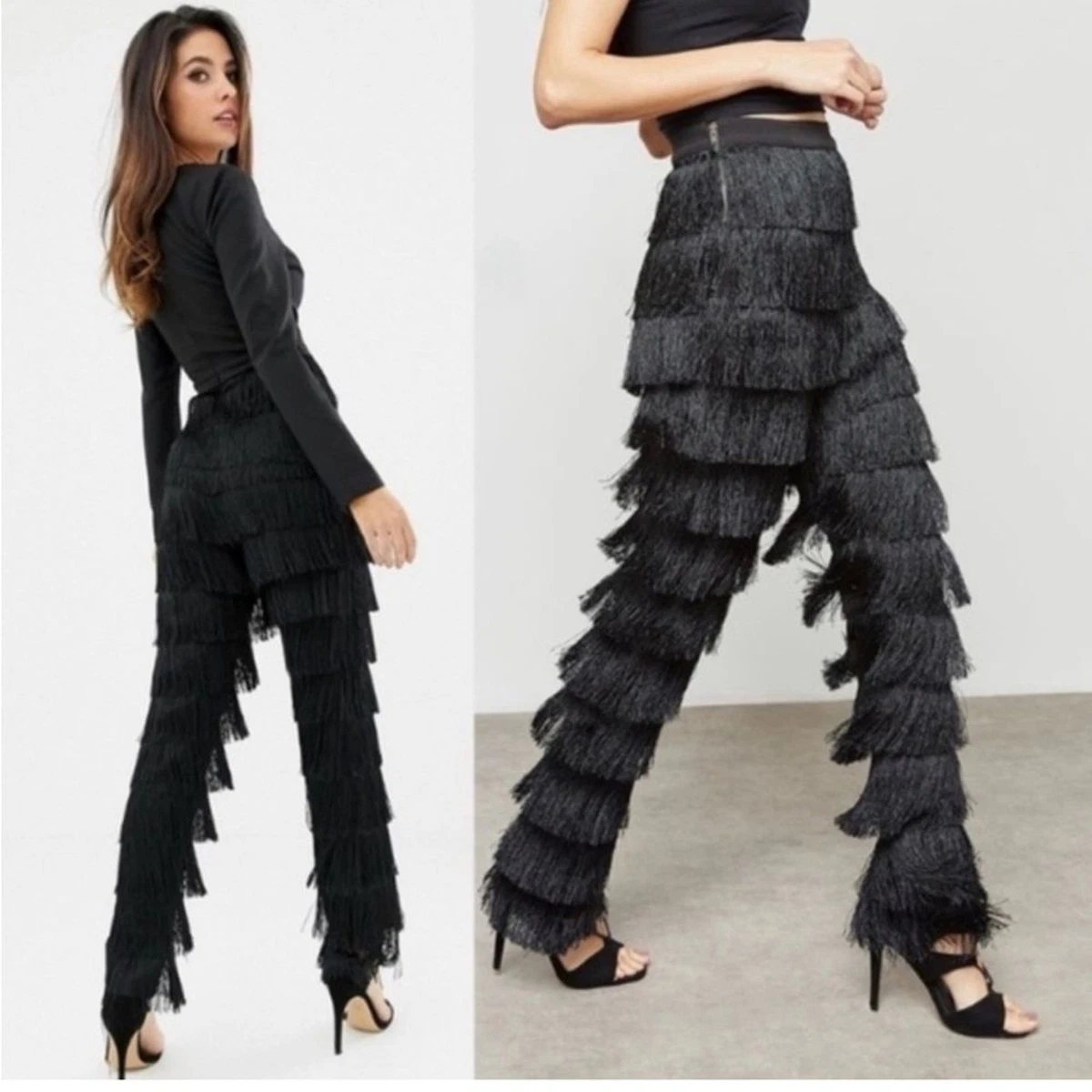 Lavish Alice Black Tiered Fringe Pants