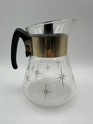 Vintage 4 Cup Corning Pyrex Glass Atomic Gold Starburst Coffee Tea Pot Carafe 7''
