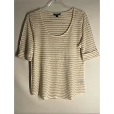 Lauren Ralph Lauren Devanika Striped Linen Tee Short Sleeve Cuffed Size Large 