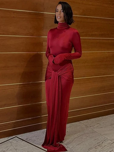 Long Sleeves Knot Sarong Maxi Slinky Jersey Dress - Picture 22 of 27