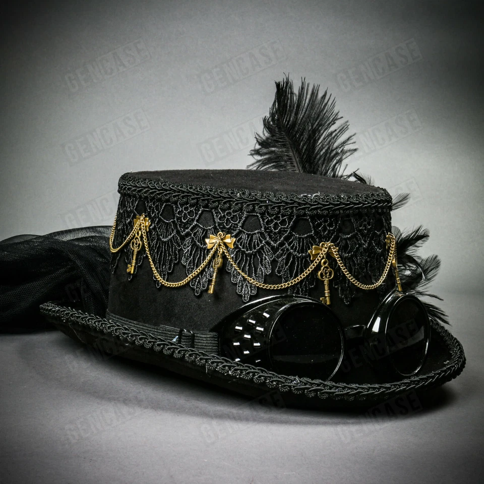 Black Steampunk Burning Man Women Top Hat with Goggles and Lace Party Head Gear - Image 4 of 4
