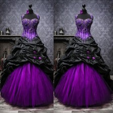 Gothic Purple and Black Wedding Dresses Layered Ruffle Satin Beaded Bridal Gowns