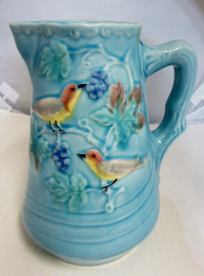 50's Highmount MAJOLICA BIRDS & BERRIES Aqua  WATER PITCHER  West Germany 7 3/8''