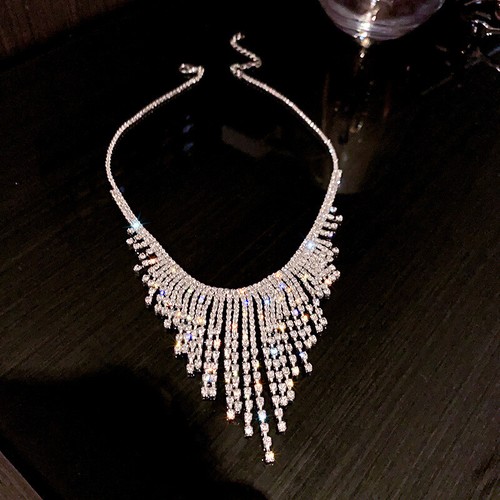 Women Crystal Rhinestone Tassels Wedding Jewelry Choker Necklace Pendant Gifts - Picture 4 of 8