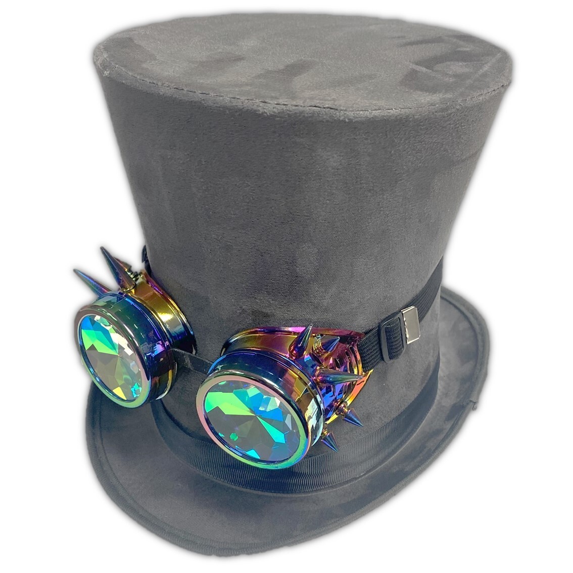 Grey Tall Top Hat And Rainbow Holographic Spiked Goggles Fancy
