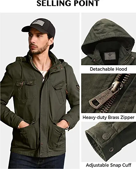 WenVen Men s Casual Lightweight Jacket Cotton Hooded Military Jackets for Autumn