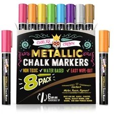 CHALKY CROWN Metallic Liquid Chalk Markers - 8 Pack with Reversible Bullet and