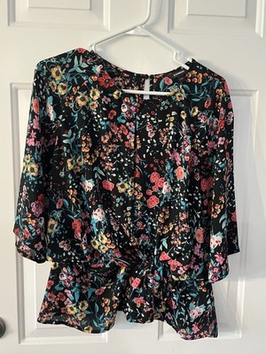 Express Black with a Colorful Floral Design Ladies Blouse SZ Large