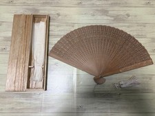 Sandalwood Hand Fan Carved Wooden Case Included Delicate Inlay Ready to Use