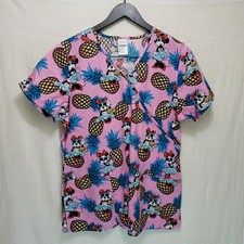 Disney Minnie Mouse Tropical Pineapple Scrub Top Size L Pink V-Neck Medical Un
