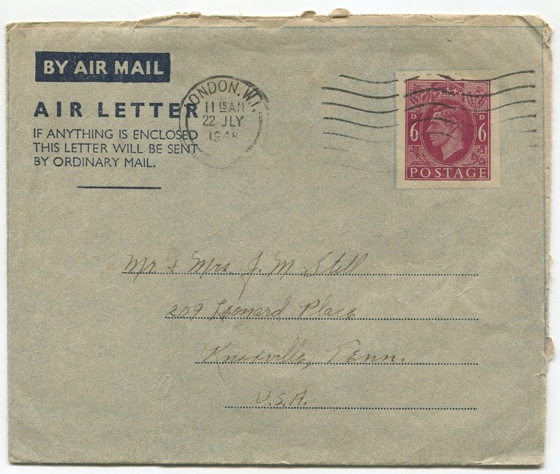 King George VI UK Air Letter, Aerogramme mailed London to Knoxville, TN, 1948