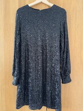H&M Women's Sequin Shift Dress Size L Black Long Sleeve Crew Neck