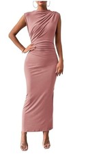 Womens Medium Ruched Bodycon Dress Sleeveless Back Slit Maxi