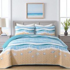Ocean Coastal Quilt Sets Queen Size, Reversible Microfiber Quilts with 2 Sham...