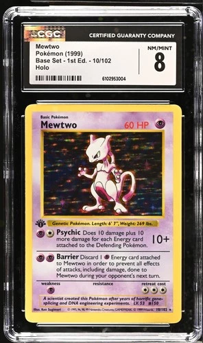 1999 Pokemon Mewtwo Holo #10 Base Set Shadowless 1st Edition Near Mint CGC 8