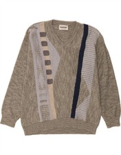 REPORTAGE Mens V-Neck Jumper Sweater IT 52 Large Grey Geometric Cotton DA13