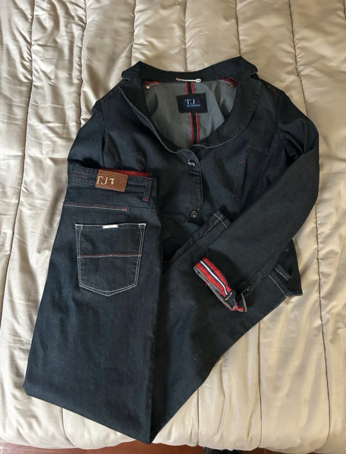 TJ completo donna 2 pezzi denim nero M giacca corta 2 bottoni+pantaloni