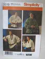 Simplicity 3519 Renaissance Poet/Pirate Shirt Pattern Miss, Men, Teen XS-XL UC