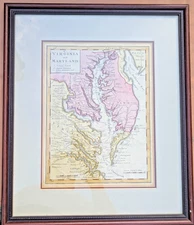 Antique Map Virginia And Maryland Herman Moll 1737 Framed Handpainted