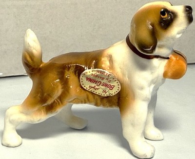 Bone China Saint Bernard Dog Miniature Figurine w/ Keg Vintage Japan