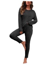 Womens Pajama Sets Long Sleeve Pjs Soft Sleepwear Ribbed Small K-dark Black