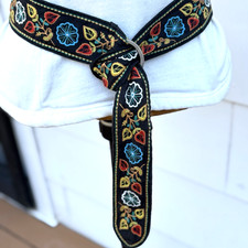 Vintage Colorful Floral On Black background Double Ring Fabric Belt Hippie Boho