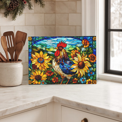   Rooster & Sunflowers Faux Stained Glass Design Cutting Board | 11''x8''  