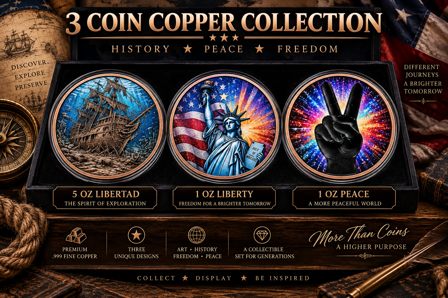 5oz Pirate Ship .999 Copper + 1oz Liberty & Peace Colourised 3 Coin Set image 2