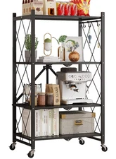 4-Tier Storage Shelf Foldable Metal Shelving Units with Wheels, Black