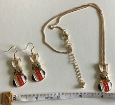 Goldtone Bunny egg Enamel Necklace Earrings Set NEW
