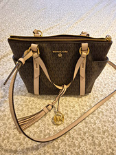 Michael Kors Monogram Coated Canvas Zip Shoulder Bag Medium Brown/Beige Tassel