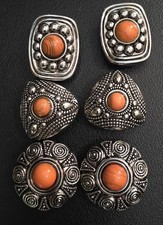 1980's Silver Tone And Faux Orange Coral Button Covers- Set Of 6